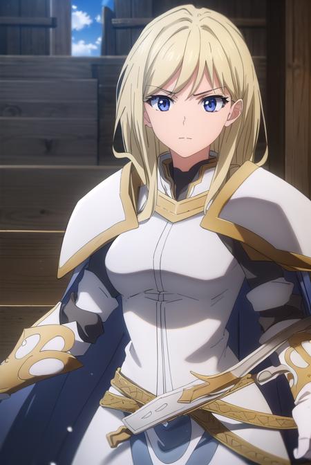 femaleknight, <lora:femaleknight-lora-nochekaiser:1>, 
female knight, long hair, blue eyes, blonde hair,
BREAK weapon, sword, cape, armor, shoulder armor, gauntlets, pauldrons, breastplate, knight,
BREAK outdoors, forest, grass, nature, sky, cloud, sun,
BREAK looking at viewer, (cowboy shot:1.5),
BREAK <lyco:GoodHands-beta2:1>, (masterpiece:1.2), best quality, high resolution, unity 8k wallpaper, (illustration:0.8), (beautiful detailed eyes:1.6), extremely detailed face, perfect lighting, extremely detailed CG, (perfect hands, perfect anatomy),