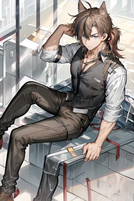 <lora:baitie:0.57>,1boy,(cat ears),((aqua_eyes)),blue_eyes, brown_hair, (streaked_hair), pony tail, collarbone,  (bare shoulders), collarbone,bishounen,cowboy_shot, dappled_sunlight,  (bare body), ((brown pants)),male_focus,collared_shirt,white shirt,(((necktie))),male_focus,necktie,sitting,veins,veiny_arms,wine_glass,  god rays