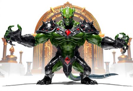 "A muscular green Lazion, a Timelord alien, stands center stage in a stark white void. Its black and silver armor clads torso and arms, glowing with a red gem on the chest that pulses with energy. The Lazion’s arms are outstretched, fingers curled as if ready to strike, while its face is rendered with super detailed eyes and a fierce expression. The background, 'Treasures of the Kings,' features a golden archway and ancient relics, contrasting with the alien’s monochrome ensemble. Lighting is dramatic, casting sharp shadows and highlighting the armor’s metallic sheen. The composition balances dynamic action with intricate design, evoking a sense of power and mystery. Style: Raphael’s fluidity meets Houdini’s precision, with a splash ink illustration texture. The image is crafted in Unreal Engine 5, ensuring lifelike details and a golden ratio layout."