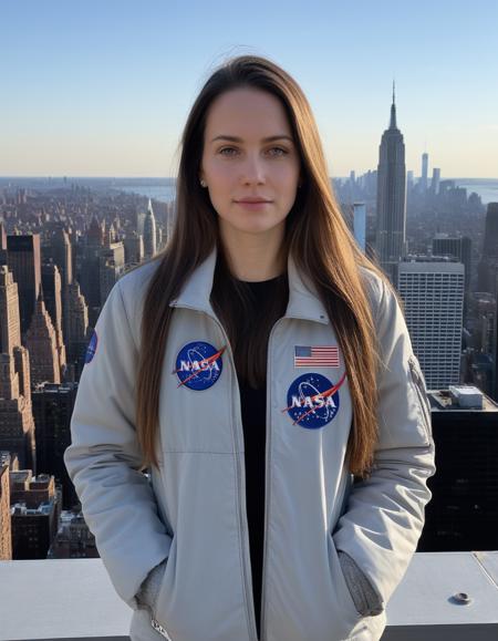 A woman with long brown hair, wearing a light gray jacket with a NASA logo, stands outdoors against a backdrop of the New York City skyline. The scene is composed with the woman centered in the frame, filling a significant portion of the image. The focus is predominantly on her and her facial expression, while the cityscape provides a striking background. The perspective is from a slightly elevated vantage point, offering a broad view of the city. The woman is situated within the foreground, and the cityscape fills the midground and background of the image.  The lighting suggests an outdoor setting on a clear day, with natural light illuminating the woman and the city. The woman in the image is of medium build, with a neutral facial expression. She appears to be in her late teens or early twenties. Her hair is long and straight and falls past her shoulders. She is wearing a light gray jacket with the NASA logo on it. The image is a photograph, likely taken with a smartphone or a consumer-grade camera. The technical execution is straightforward, with good sharpness and clarity. The focus is primarily on the woman. The style is casual and portrait-oriented. The setting is on a rooftop or open-air platform, with a transparent glass-like structure surrounding her.  The foreground consists of the transparent glass, and the background presents a breathtaking view of the New York City skyline on a sunny day.  The lighting is natural daylight, highlighting the woman and the urban landscape. The atmosphere is casual, suggesting a moment of enjoyment and observation.