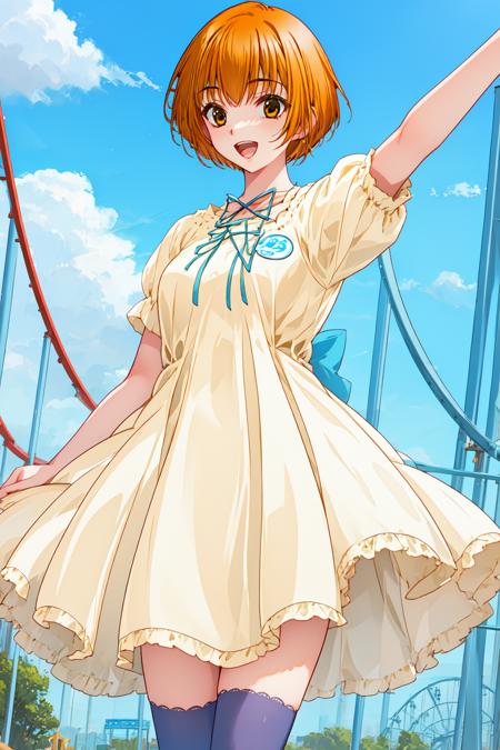 1girl, amusement park, cowboy shot, smile, open mouth, standing, 
ever17_you, brown eyes, orange hair, short hair, ribbon, dress, thighhighs, <lora:ever17_you_lora_ver1:0.9>, best quality, masterpiece, highres, <lora:GoodHands-vanilla:1>