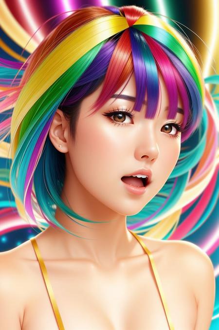 a beautiful japanese woman with beautiful hair in the style of (rainbow-candy:0.65), swirl effect, short hair, open mouth