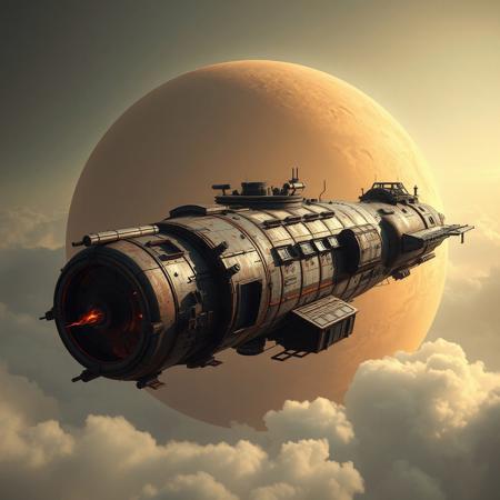 A large, aged, rusty spaceship with a round engine flies through a cloudy sky against a backdrop of a large, orange planet. The spaceship is a complex design, with many windows, hatches, and panels. The engine is lit with flames. The ship's surface has ma