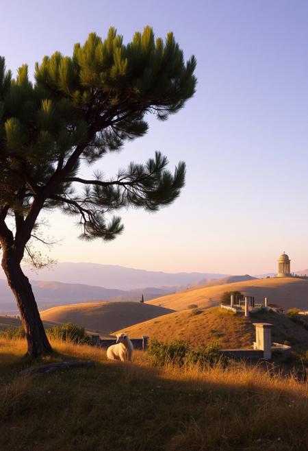 A shepherd resting beneath a cypress tree, overlooking gentle hills under a lavender sky., romanticism, poetic landscape, Italian countryside, soft golden light, classical ruins, serene atmosphere, symbolic natural scenes, melancholic tone, harmonious composition, early evening glow, pastoral serenity, muted colors, spiritual naturalism, pre-Raphaelite influence, idealized nature, 19th century Italian art