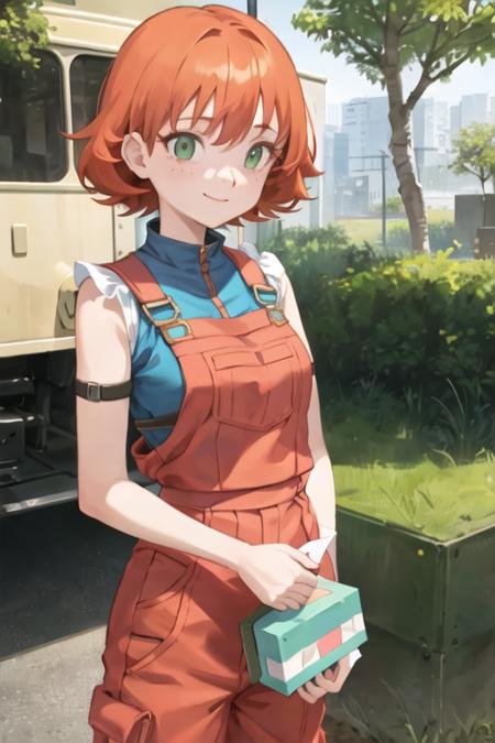 1girl, sxfrances, short hair, orange hair, green eyes, freckles, red overalls, blue_shirt, roll up sleeve, smile, solo, looking at viewer <lora:frances-v2:0.6>