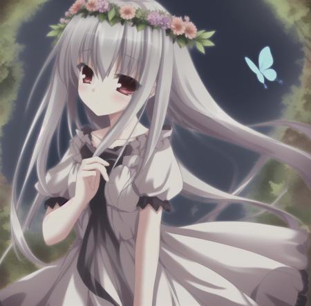 best quality,4k,1girl, solo, butterfly, bug, flower, long hair, red eyes, head wreath, sky, dress, blush, grey hair