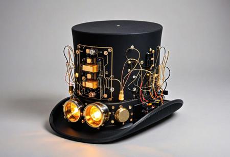 A classic top hat constructed from matte black PCB panels, decorated with tiny blinking lights and golden traces like filigree. The inner lining shows subtle diode networks, and a soft glow radiates from the rim. Fashion accessory fused with semiconductor elegance, steampunk meets nanotech.