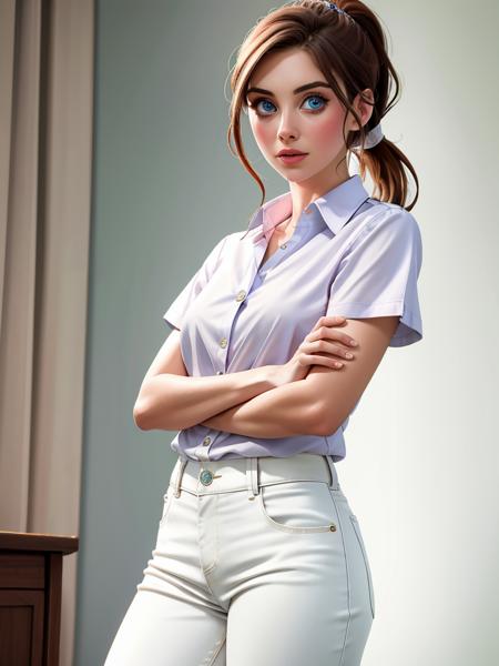 Realistic photo of a beautiful 4l1s0nb woman, 1girl, solo, looking at viewer, blue eyes, brown hair, shirt, jewelry, white shirt, ponytail, short sleeves, cowboy shot, pants, lips, crossed arms, ring, realistic, white pants, soft lighting, professional Photography, Photorealistic, detailed, RAW, analog, sharp focus, 8k, HD, high quality, masterpiece<lora:4l1s0nb:1.0>