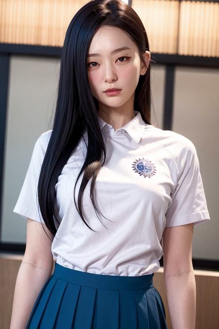 rvseulgi, school, (day:1.1), RAW,(8k, best quality, masterpiece:1.2),(intricate details:1.4),(photorealistic:1.4),octane render, complex 3d render ultra detailed, studio soft light, rim light, vibrant details, ultra detailed, realistic skin texture, detailed face, beautiful detailed eyes, extremely detailed CG unity 8k wallpaper, makeup, (detailed background:1.2), (cowboy shot:1.2),(perfect anatomy:1.2),(wide hip:1.1),(school uniform:1.2), <lora:rvseulgi-v1:1>