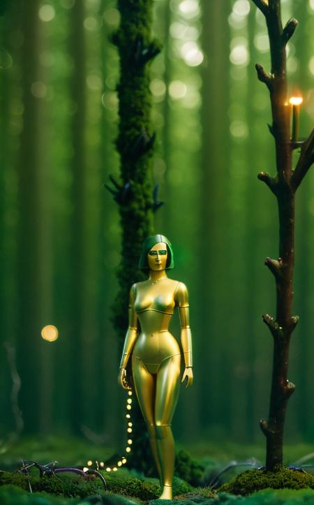 cinematic film still 1girl, sexy, naked,(masterpiece:1.2), (A weathered android stumbles through a bioluminescent forest, their polished chrome plating reflecting the otherworldly glow of the flora, Emphasize the interplay of technology and nature, with moss growing over exposed wires and intricate circuitry peeking through broken armor, High contrast, vibrant colors, bokeh, soft focus:1.1), (art by Karel Thole:1.4), (hyperdetailed:1.1), (intricate details:1.0), (Refined details:1.1), (best quality:1.1), (high resolution:1.2) . shallow depth of field, vignette, highly detailed, high budget, bokeh, cinemascope, moody, epic, gorgeous, film grain, grainy