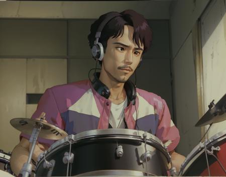 ghibli style, medium portrait of handsome man yukihiro takahashi <lora:diffusiondesign_Takahashi_LoRA_v1-08:0.7>,(masterpiece, best quality:1.2), solo, portrait, playing drums, wearing headphones<lora:ghibli_style_offset:1>