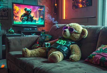 A child's sci-fi cyberpunk teddybear is slumped on a couch watching the TV. The teddybear is wearing sunglasses and smoking a join. On the TV is the 420 channel. The room has a sci-fi cyberpunk aesthetic. The image has a colorful cyberpunk scifi aesthetic. Award winning photography in the style of National Geographic.