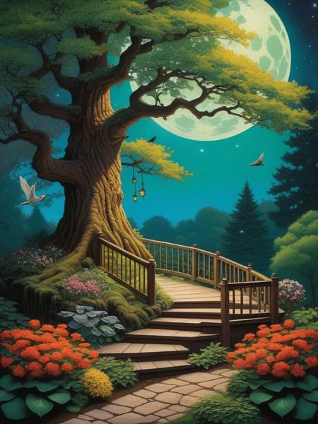 <lora:04Vintageillustration_Hap_XL:1>,Norman Rockwell style,vintage poster, Mystical tree on raised platforms,on either side of pathway,at rear of tree 2 additionalpaths leading up towards a planetarium with abundance of flowers and trees,floating on the 1 side an aviary of birds, ð¦,  at the bottoms elf and dwarf, green frogs on lilypads, ð§ââï¸ swinging in the tree, centered, symmetry, painted, intricate, volumetric lighting, beautiful, rich deep colors masterpiece, sharp focus, ultra detailed, in the style of dan mumford and marc simonetti, astrophotographyï¼