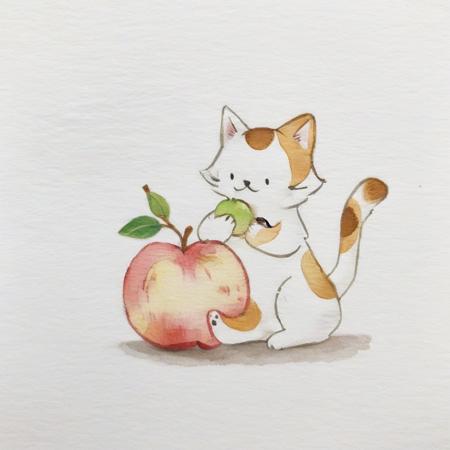 <lora:Simple Watercolor-000008:1>,Simple Watercolor,A little cat eating an apple,