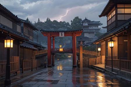 japan dojos, bridge with railings, railings wrapped in lightning, lightning striking in the background, gloomy clouldy nighttime, moonlit, vibrant, neon