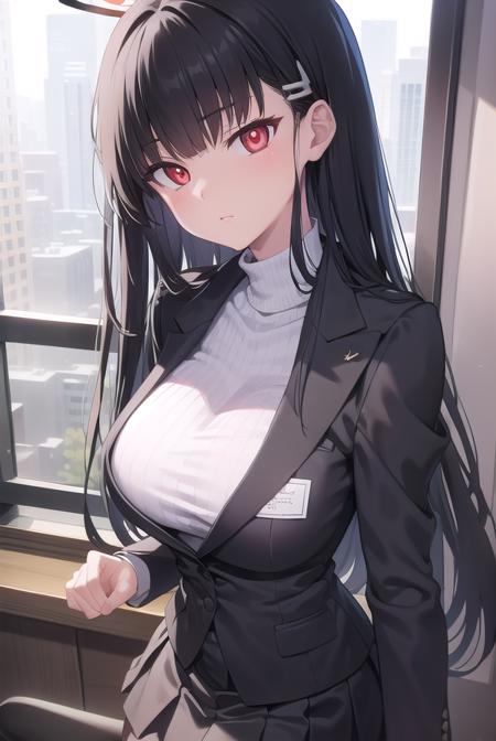 rio, black hair, (red eyes:1.5), hair ornament, hairclip, halo, long hair, black footwear, black jacket, black pantyhose, black skirt, buttoned cuffs, high heels, jacket, long sleeves, office lady, pantyhose, ribbed sweater, skirt, sweater, thigh strap, turtleneck, turtleneck sweater, white sweater,