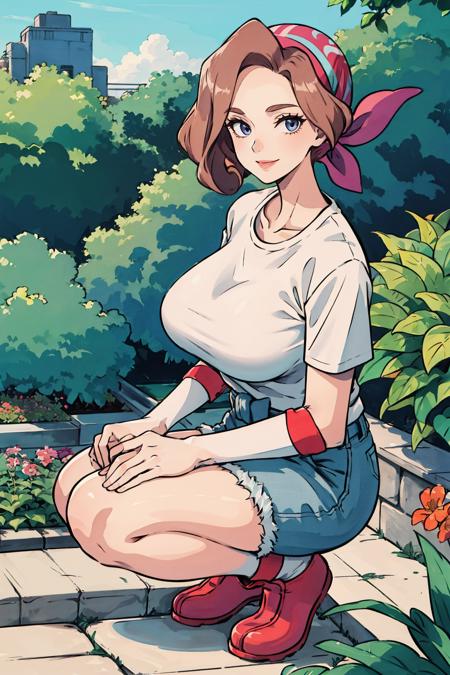 masterpiece, best quality, palina, bandana, white t-shirt, jean shorts, smile, large breasts, standing, garden, squatting, plants, looking at viewer <lora:palina-nvwls-v1-000010:0.9>