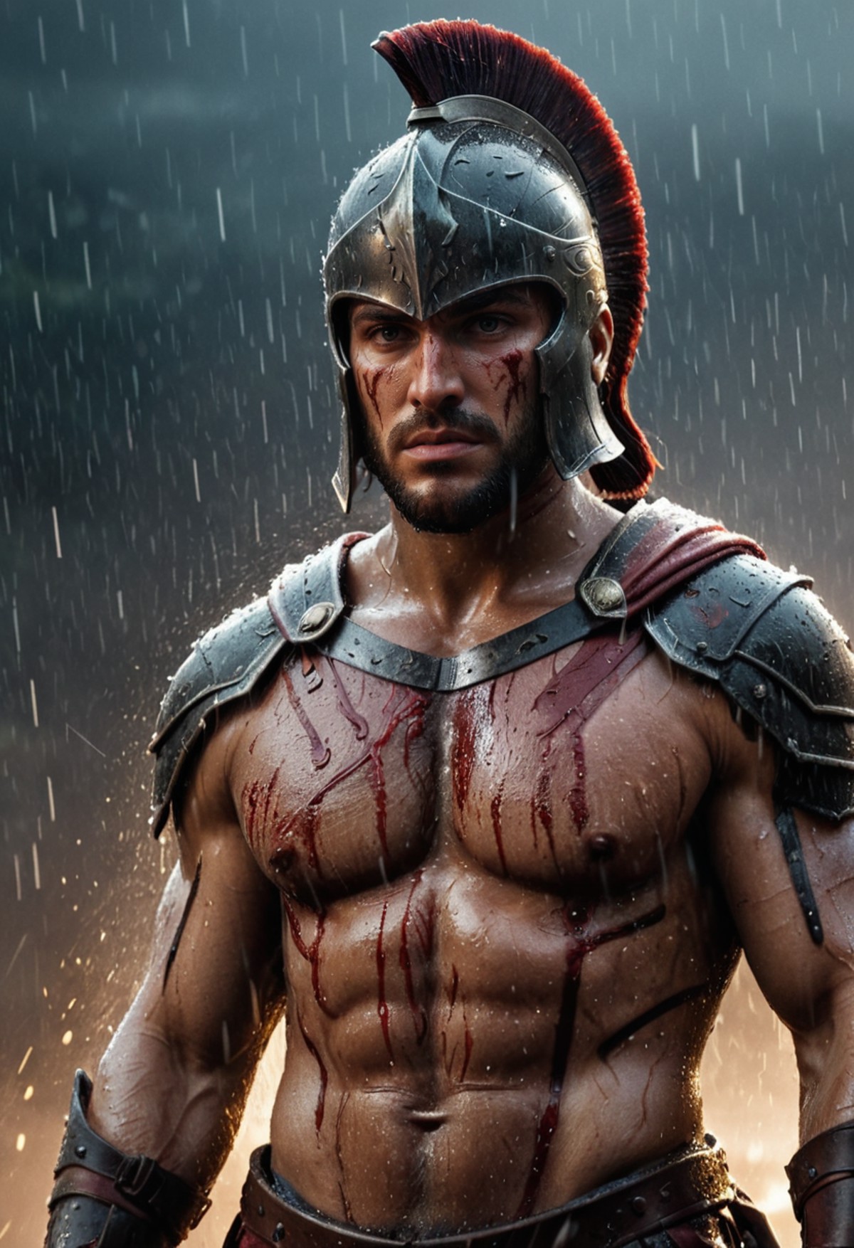Epic cinematic illustration of a Spartan warrior standing resolute in the pouring rain,looking at the camera, close up, ev...