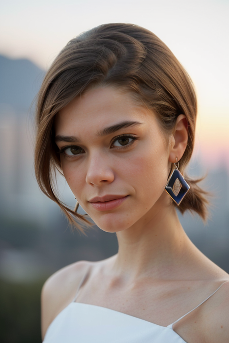 MichelleEllyse, photography by (Rodney Smith:1.3), ((face focus, shoulders)), (business dress, facing viewer, blurry background, bokeh, ID photo:1.3), night, hills above Los Angeles, lights in valley below, smile, <lora:nighttime_v1:0.8>