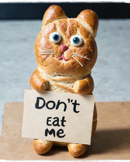 cat made of bread, holding a sign that says "DON'T EAT ME!"