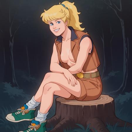 1980s \(style\) t-shirt, brown shorts, belt, brown vest, socks, sneakers 1girl, xlinkax, blonde hair, ponytail, blue eyes, medium breasts