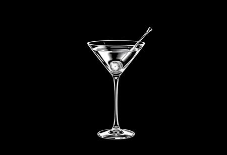 A blueprint style drawing in white on black depicting a martini cocktail