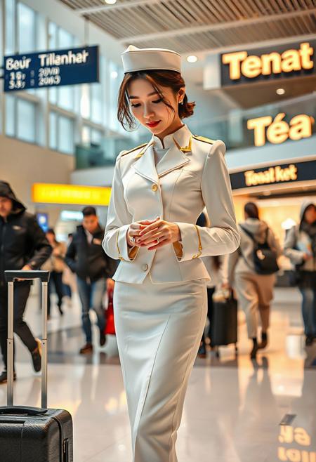 DSLR-style, glamorous, elegant 26-year-old Korean model, extremely pale skin with natural texture.  parted lips, masterpiece, ultra high-res  
<lora:NOOB_vp1_detailer_by_volnovik_v1:1>
barely visible pores, subtle skin texture variation, translucent skin tone, full body. 
A stylish individual, appearing to be a flight attendant due to their crisp white uniform featuring gold accents on the jacket cuffs and a matching peaked cap, stands in a modern, brightly lit indoor space, possibly a shopping mall or airport terminal. They are looking down at a small, light-colored object in their hands, seemingly focused on it. A rolling suitcase stands beside them. The floor beneath them is a translucent material, revealing a lower level. In the background, several other people walk by, including a person in a dark jacket and jeans and another in a light-colored hooded jacket and pants. Signage with text and numbers is visible in the background, along with the illuminated sign of a tea shop. The overall atmosphere suggests a moment of pause in a busy public area. Capture the details of the uniform, the translucent floor, the various background figures, and the ambient lighting to create a realistic and engaging scene. Pay close attention to the textures of the clothing and the reflections on the floor.