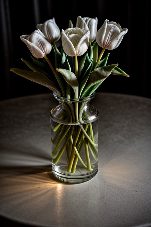 A mesmerizing combination of a white tulip and a black rose entwined, illuminated by soft candlelight, moody atmosphere, delicate petals, intricate shadows, rich contrasts