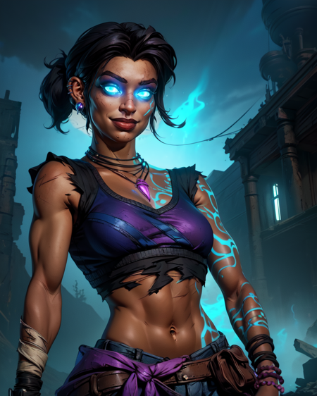 Amara,black hair,ponytail,toned,blue left arm tattoo,glowing,glowing eyes,glowing tattoo,blue eyes,
right fingerless glove,ear piercing,midriff,crop top,torn clothes,bracelet,pants,necklace,belt,cleavage,
standing,upper body,blue magic,from below,serious,
wasteland,
(insanely detailed, beautiful detailed face, masterpiece, best quality),<lora:Amara-10BL3v7:0.8>,