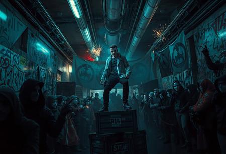 Deep beneath the polished towers of the Neon Empire, in the forgotten alleys and flickering underworld, a rebellion is born.
In a darkened subway terminal painted with holographic graffiti and the ghosts of empire, a lone rebel stands atop a crate, addressing a masked crowd.
Their face glows in the pulsing neon — defiant, scarred, half-cybernetic.
Behind them, banners ripple with anti-empire glyphs.
The crowd is diverse: former soldiers, hacked androids, cloaked data-smugglers, rogue AI priests.
Sparks fly from overhead cables; the city above doesn't know it's already cracking.
Cyberpunk underground resistance, cinematic 8K, tense shadows, neon graffiti, gritty detail, dynamic pose, dark rebellion energy.
