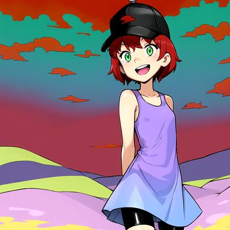 masterpiece, best quality, highres, 1girl, solo, dress, bike shorts, cowboy shot, open mouth, smile, sleeveless, purple dress, baseball cap, shorts under dress, standing, outdoors, sleeveless dress, black headwear, tongue, teeth, :d, bangs, bare arms,  <lora:KeksandraClover:1>, city, red sky, red clouds,  <lora:gyokai:0.7>, arms behind back,  <lora:jcm2Style_v1:0.7>, tank top,