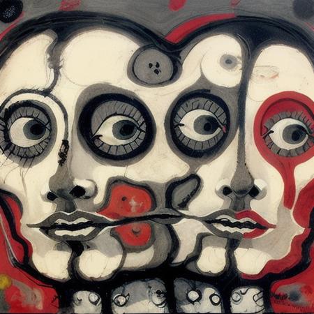 sureal painting of a group of heads in hell <lora:last:1>