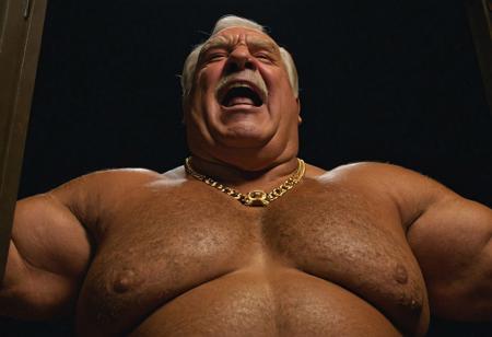 (photo, realistic, raw), (nighttime, at night, dark, dark hard shadows, cinematic atmosphere, movie grain, hazey atmosphere), closeup from below, (brute, etherial, spiritual, emperor, king, god), old burly buff gentleman, old manly mature man, combed back hair,  doublechin, old tanned grandpa, wrinkly neck, proud big chest, thick neck, armpits, tanned skin, tight golden spandex, gold jewellery, gold necklace, in a dark locker room at night, nighttime, arrogant disgusted disappointed smile, intimite situation, romantic atmosphere, loving expression, friendly, intimate, very personal and initimate, belly and pecs from below