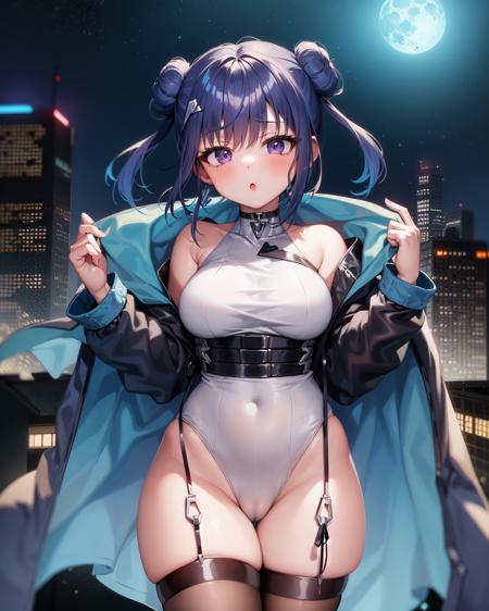 1girl, lillaslf1, blue hair, purple eyes, double bun, white leotard, black straps, oversized blue jacket, black legwear, black garter straps, :o, 
outdoors, city, night sky, blue ambient lighting, cyberpunk, moon,

<lora:lillav3:1>