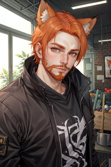 Roiadan Vanzey,  Osenayan,  (masterpiece,  best quality),  animal ears,  solo,  facial hair,  1boy,  male focus,  fox ears,  orange hair,  indoors,  beard,  stubble,  looking at viewer,  lips,  upper body,  brown eyes,  nose,  jacket,  cosplay,  rule of thirds, <lora:EMS-49410-EMS:0.500000>