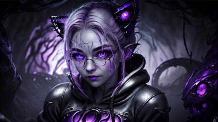 <lora:GloomyNightmareAI:1>, ultra detailed abstract close-up photography of a cute pale draconian MaeAI sitting at a desk in a server room doing maintenance, mix of dragon and girl, half dragon, silver ponytail with strands hair, (masterpiece), realistic, beautiful face, cinematic light, (beautiful purple cat eyes:1.3), perfect anatomy,dragon horns,(solo:1.4),
fine detailed silver crescent glasses, pointy ears, cowboy shot, medium breasts, (hoody and pants:1.3),black lips, black eye shadow,
hyperdetailed painting, luminism, 4k resolution,
Soft Lighting, Photographic Realism,
3d rendering, octane rendering,