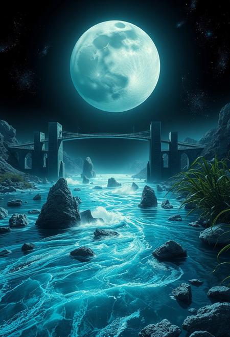 A river stretches out with its blue green surface rippled from a strong wind that blows. From it's surface jagged, crystal shards protrude randomly , the fast flowing water rising over them in a rainbow spray. In the center, slender columns, etched with alien symbols, support a fabulous gossamer bridge. Behind it a bright, ringed moon illuminates the scene, while the Inky black sky reveals shimmering galactic nebula. On the riverbank, tall alien plants add an otherworldly atmosphere to the stark, rugged landscape.