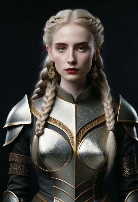 1girl 18 yeas, elf, slender, pale skin, goosebumps, very long gold and silver hair, triple braids,  light grey eyes, (small pointed ears:1.3),
Milanese plate armor, black gauntlets, dnd character portrait, intricate, analog photograph, masterpiece, expertly crafted, incredibly detailed, 8k resolution, 
 (By Alice Pasquini, by Aliza Razell:0.8), low angle shot, Cinematic Hollywood Film style a young woman, 18, sensually dynamic pose ,