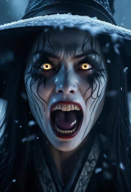 A cinematic extreme close-up of assassinmihq reimagined as a terrifying japanese witch. Her mouth is wide open in a menacing scream, revealing sharp, jagged teeth, as poison Cloud breath escapes into the eerie air. Her translucent skin glows faintly, as if made of magic, with intricate patterns glistening across her face. Her wide, glowing eyes exude both beauty and terror, contrasting with the eerie perfection of her Ethereal form. Backlighting creates a dramatic, atmospheric glow, illuminating the snowflakes swirling in the air and emphasizing the sharp edges of her charming visage. The scene is chilling, intense, and hauntingly beautiful.
