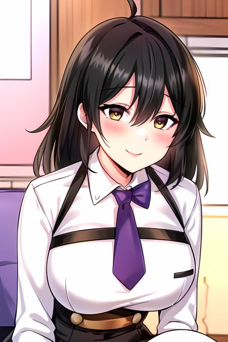 ((masterpiece, best quality)),1girl,smile,sitting, solo,ahoge, lumi \(uniform\) \(seka\), bangs, blush, breasts, black_hair, collared_shirt, eyebrows_visible_through_hair, hair_between_eyes, large_breasts, long_sleeves, looking_at_viewer, necktie, purple_necktie,skirt, thighs, (white_shirt), yellow_eyes,,,,,,,,extremely detailed CG unity 8k wallpaper, perfect lighting,Colorful, Bright_Front_face_Lighting,White skin, (masterpiece:1.0),(best_quality:1.0), ultra high res,4K,ultra-detailed, photography, 8K, HDR, highres, absurdres:1.2, Kodak portra 400, film grain, blurry background, bokeh:1.2, lens flare, vibrant_color,professional photograph,bow breasts, (beautiful_face:1),(narrow_waist),(Beautiful  large breasts),Beautiful Finger,Beautiful long legs,Beautiful body,Beautiful Nose,Beautiful character design, perfect face,perfect balance,(2d)