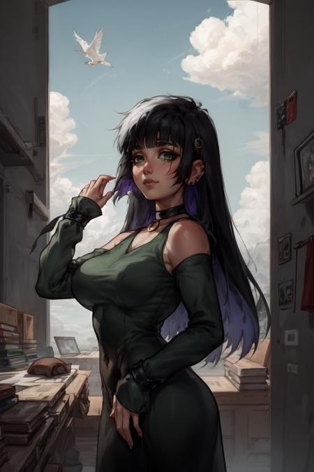 1girl, (solo:1.2), (cowboy shot:1.2), (looking at viewer:1.3),
<lora:PA-san [justTNP - v1.0]:1> pa-san, (blunt bangs:1.3), (long hair), (colored inner hair:1.2), (black hair), purple hair, (green eyes:1.3), large breasts, curvy, young female, hime cut, ear piercing, jewelry, (black dress:1.2), clothing cutout, shoulder cutout, (sleeves past wrists:1.2), choker, black choker
BREAK <lora:SashaKHMEL [MockAi - v1.0]:0.85> sashakhmel, soft shading, painterly style, vivid, noise image, bouncing light
BREAK intricate details, (masterpiece:1.3), (best quality:1.3), (perfect anatomy:1.4) BREAK, (beautiful white clouds:1.3), puffy clouds, white sky