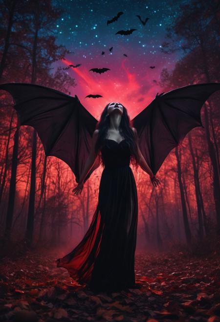 masterpiece, high quality, abstract, angelic woman, wings, screaming, vampire lady, elegant vampire clothes, centered, side view, black silhouette of a girl, (long flowy hair), flowy skirt, red bloody forest background, ((dynamic pose)), night time, dark theme, starry sky, glowing hair, cinematic, vivid colors, ((saturated neon colors)), perfect hands, anzhcdreamwave, aesthetic, Perfect Hands, aurora borealis, ((glowing halloween pumpkins)), ((bats))