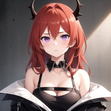 ((masterpiece)),(best quality),official art,extremely detailed CG,unity 8k wallpaper,ultra detailed,1girl,solo,upper body,(portrait:1.2),very_long_hair,red_hair,purple_eyes,black_dress,looking_at_viewer,bare_shoulders,high_heels,off_shoulder,black_thighhighs,black_footwear,chest_strap,medium_breasts,cleavage,bangs,zettai_ryouiki,detached_collar,hair_between_eyes,black_jacket,long_sleeves,demon_horns,open_jacket,<lora:Surtr(ark)>,