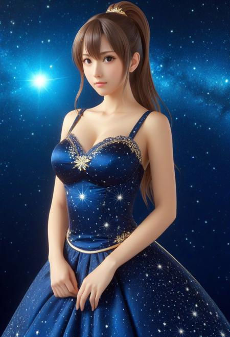 <lora:Starry_Morph:1> starry_morph, woman, (anime, masterpiece, intricate:1.3), (best quality, hires textures, high detail:1.2), (4k),(incredibly detailed:1.4),UHD, 8K, ultra detailed, beautiful dress, Super model, beautiful, UHD, 8K, masterpiece, detailed, ultra_high_resolution, lots of detail, YurYuna, brown hair, ponytail,brown hair, modest, sfw, beautiful gorgeous, key visual, luxurious, artistic, natural elements, opulence, high resolution, digital art, visual aesthetics, contemporary design, vibrant colors, reflective surfaces, artistic composition, high contrast, elegant, intricate detailing,