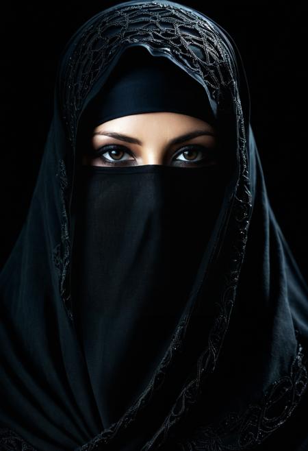 Dark Fantasy Art of  a woman in a black burqa covering her face burqa style, dark, moody, dark fantasy style,