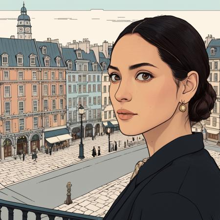 Studio ghibli style illustration of the face of a woman looking at the viewer with a victorian city square in the background, adxarjna, <lora:adarjona_juggerX_xl_1_merger_132_140_05_05_adxarjna:1>
