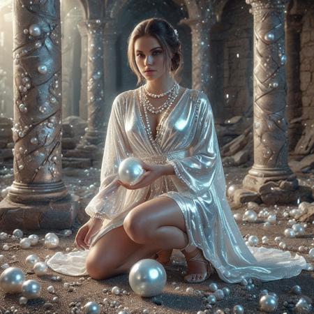 (beautiful young woman in pearlescent robe, holding a pearlescent ball), visible legs, short dress, kneeling, strappy sandals, cleavage,  suggestive, full body shot, Pearlum, glowing eyes, , pearl-necklace, twilight ruins, fantasy portrait, dramatic backlight, ethereal atmosphere, 8k
