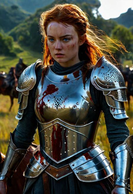 Beautiful Knightess in shiny iron armor, (standing in the middle of a bloody battle on the battlefield: 1.8), fighting pose, wavy red hair, nice dirty and serious face, fantasy, oily skin, full body, athletic figure, beautiful blue eyes, colorful flowers, 8k, ultra realistic, hyper realistic, highly detailed, curves, beautiful perfect close-up pupils, fantasy Lord of the Rings Aesthetic, daylight, fantasy style, high contrast, colorful polychromatic, Beautiful Sadie Sink as Knightess on in armor, beautiful firm Breasts, defiant and seductive, wet oily shiny skin, ultra detailed, (Intricately Designed dirty bloody face: 1.3),  dramatic lighting, wet and sweaty skin, dirty skin, Cinematic clorful lighting, realistic body and face, Photograph Taken on Nikon D750, Intricate, Elegant, Digital Illustration, Scenic, Hyper-Realistic, Unreal Engine, CryEngine, Octane Render, Artgerm, WLOP, Greg Rutkowski, 8k ultra high resolution concept art, hyper-defined, sharp focus, echoing, (hyperdetailed body and face: 1.3), Atrractive, Atrractive 25 years old woman, attractive bust girl, asymmetric balance