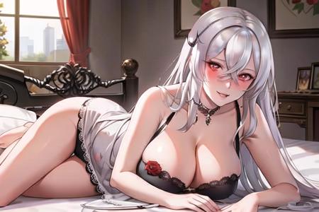 charming expression,  highly detailed, realistic,1girl, mature,Gangut,a woman laying on a bed with a rose in her hand, wearing KF_outfit, cleavage, white hair, red eyes, sexy, hotel background , drunk face, blushing, (masterpiece:1.4),(best quality:1.4),(shiny skin),realistic, detailed eyes, dynamic pose,  body focus, detailed face, cowboy shot, (((masterpiece))), (((best quality))), illustration, artstation,   
 <lora:GangutV1-000019:0.8>