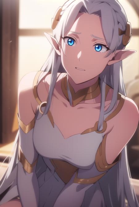 fymryn, <lora:fymryn-lora-nochekaiser:1>,
fymryn, goddess mene, pointy ears, elf, white hair, 
BREAK choker, circlet, white dress, dress,
BREAK looking at viewer,
BREAK outdoors,
BREAK <lora:GoodHands-vanilla:1>, (masterpiece:1.2), best quality, high resolution, unity 8k wallpaper, (illustration:0.8), (beautiful detailed eyes:1.6), extremely detailed face, perfect lighting, extremely detailed CG, (perfect hands, perfect anatomy),